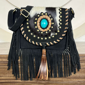 Bolso Bandolera de Cuero Vacuno Estilo Western con Flecos y Concho Turquesa, Bolso de Hombro de Cuero Genuino Estilo Boho para Mujer - Product Image 4