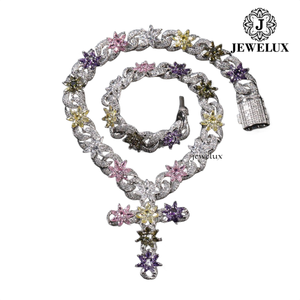 Premium <b>Statement</b> <b>Necklace</b> 925 Silver Rhodium Plated Moissanite Cross Pendant Link Chain Luxury Unisex Everyday Wear - Product Image 1