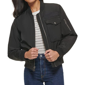 <b>Women's</b> Black Bomber <b>Jacket</b> Solid Color Zipper Closure Full Sleeve Stand Collar Windproof Polyester Autumn Wear - Product Image 4