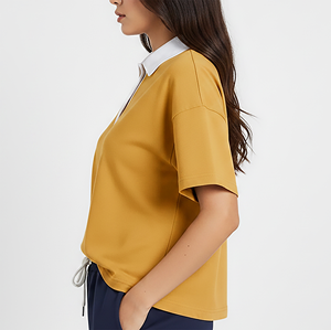 เสื้อโปโลสีเหลืองมัสตาร์ดสำหรับผู้หญิงรุ่นใหม่ปี 2026 แขนสั้น สีพื้น ผ้าฝ้ายระบายอากาศดี สวมใส่สบาย พิมพ์ลายโลโก้ด้านหน้า - Product Image 6