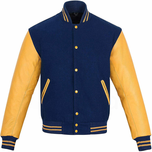 เสื้อแจ็คเก็ตวาร์ซิตี้สีน้ำเงินกรมท่าสำหรับผู้ชาย แขนหนัง PU สไตล์ลำลองแบบนักศึกษา ปกคอพับ ติดกระดุม เหมาะสำหรับใส่ในฤดูใบไม้ร่วง - Product Image 4