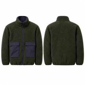 <b>Men's</b> Olive Green Fleece <b>Jacket</b> Stand Collar Zipper Front Pockets Casual Autumn Wear <b>Sherpa</b> Fleece <b>Jackets</b> - Product Image 1