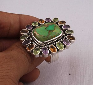 Anillo de Plata de Ley 925 con Turquesa Verde Natural y Múltiples Piedras Preciosas, Anillo de Piedras Mixtas, Estilo Vintage, Colorido - Product Image 5
