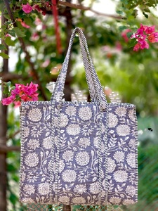 Handmade India Customizable 100% Cotton Quilted Tote <b>Bag</b> Eco-Friendly Zipper Closure Spring Summer Block Printed <b>Long</b> Daily Use - Product Image 1