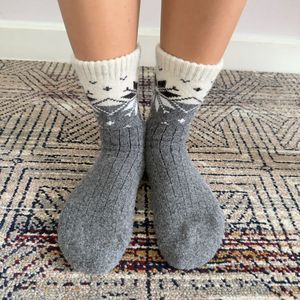 MONECO Mongolian Sheep Wool Socks Women Nordic Snowflake Jacquard Crew Socks <b>Charcoal</b> Grey Thick Warm Winter Knitted - Product Image 1