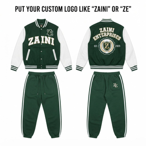 Zaini Enterprises ZI-268 Premium 320 GSM 100% Cotton Men's Varsity Tracksuit Green <b>White</b> <b>Jacket</b> Pant Set Chenille Applique - Product Image 1