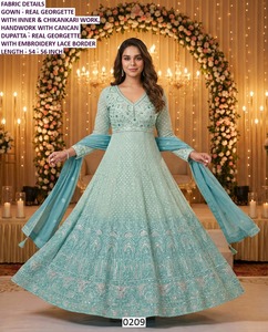 ชุดเดรส Anarkali แบบดั้งเดิมสำหรับผู้หญิง Bandhani ผ้าจอร์เจตต์ ยาวถึงพื้น ทรงปกติ แห้งเร็ว ป้องกันแสงแดด เหมาะสำหรับงานแต่งงานและเทศกาลดีวาลี - Product Image 1