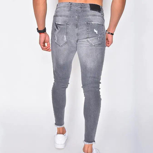 Jeans de mezclilla para hombre, corte ajustado, desgastados, grises, de cintura alta, estilo casual, de algodón de peso medio, pierna recta, para otoño, en oferta - Product Image 4