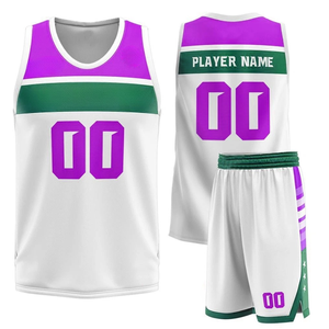 Ensemble de maillots de basket-ball sublimés personnalisés, blanc, violet, vert, col en V, sans manches, uniforme en maille, vêtements d'équipe unisexes pour adultes - Product Image 6