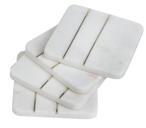 Handcrafted Modern <b>Coasters</b> Set of 4 Natural Real White Marble <b>Coasters</b> for Beverage with <b>Gold</b> Brass Inlay - Product Image 2