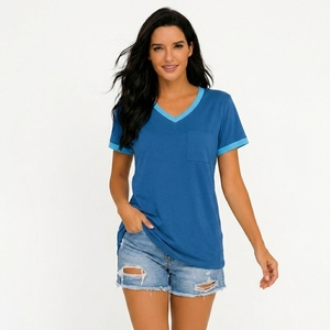 Women's Blue V-Neck Short Sleeve T-Shirt with Pocket Casual Organic Cotton Fleece Breathable <b>Top</b> Spring Summer Wear - Product Image 3