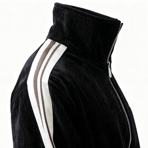 Sturdy Grip Wears Custom Men's Autumn Tracksuit Set Black Corduroy Full-<b>Zip</b> Jacket Striped Pants Breathable Lightweight Casual - Product Image 2