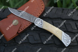 Damascus Steel Razor Sharp Industrial Grade Folding Knife Hand Engraved Camel Bone Handle Leather Sheath OEM/ODM Customizable - Product Image 2