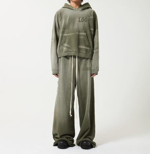 Men's Acid Wash Sun Faded Distressed <b>Embroidery</b> Flared Hooded Sweatpants Jacket Streetwear 2-Piece Cotton Tracksuit <b>Set</b> - Product Image 1