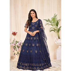 ชุดอานาร์กาลีสำหรับผู้หญิงขายดีที่สุด เหมาะสำหรับงานแต่งงานและงานเลี้ยง แขนสามส่วน ผ้าเน็ตเครป เย็บกึ่งสำเร็จรูป - Product Image 1