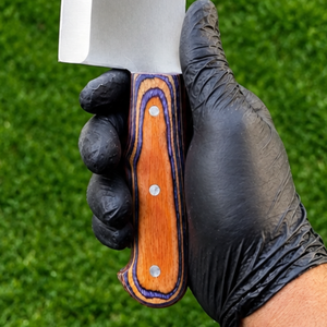 Cuchillo de desollar plateado con hoja curva afilada, mango multicolor (marrón, naranja, negro) con agarre remachado, para carnicero, desollar carne, cortar en cocina - Product Image 2