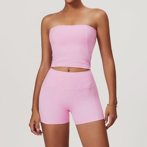 Conjunto de Yoga sin Tirantes para Mujer, Color Azul Sólido, Pantalones Cortos de Cintura Alta, Dos Piezas, Ropa Deportiva, Costuras en Contraste, Ropa de Entrenamiento sin Costuras - Product Image 5