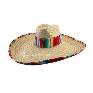 Mexican Sombrero Natural Grass Hand Embroidery Striped Wide Brim <b>Sun</b> Protection <b>Hat</b> for Travel Fishing Outdoor Unisex Ribbon - Product Image 3