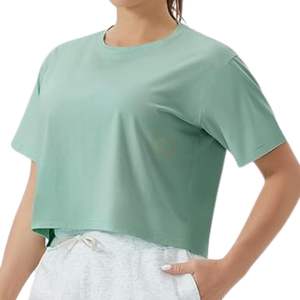 Haut court de yoga vert respirant pour femme, à manches courtes, séchage rapide, col rond, pour la course et le fitness - Product Image 3