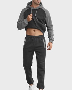 <b>Men</b> Contrast Panel Tracksuit Hooded Sweatshirt and Tapered Jogger Pants Set Casual Fitness Training Activewear Outfit - Product Image 1