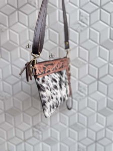 Western Patterned Leather Cowhide Fur Handbag Hand Tooled Carving Leather Tassel <b>Boho</b> Hot Sale Fur Sling <b>Bag</b> for Women - Product Image 2