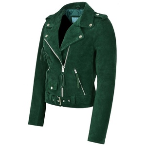 Women's Green <b>Suede</b> Moto <b>Jacket</b> Full Sleeve Turn-down Collar Zip Closure Short Length Autumn Style - Product Image 6