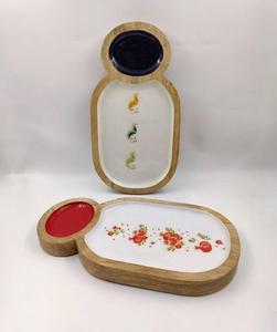 Assiette de service en bois avec motif floral, insert vert, design bohème rond, peinte à la main, passe au lave-vaisselle, plat décoratif - Product Image 4