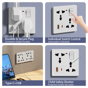 Prise murale universelle TEP LM6 avec 4 interrupteurs, 2 ports USB-C, charge rapide, IP20, 13A/250V, durable pour la maison, l'hôtel, le bureau - Product Image 4
