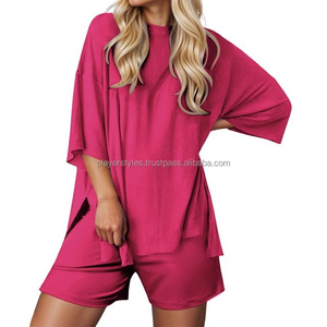 Ensemble court uni pour femme, ensemble 2 pièces uni, haut court basique, short taille haute, été, décontracté, OEM personnalisable - Product Image 1