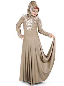 Beige Embroidered Polyester ODM <b>Abaya</b> Salwar Kameez Muslim Women Long Sleeve Floor Length Hijab Dress for Prayer <b>Wedding</b> Ethnic - Product Image 2