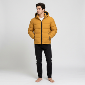 Men's Mustard <b>Yellow</b> Hooded <b>Puffer</b> <b>Jacket</b> Zipper Closure Windproof Thick Polyester Wadding Casual Winter Coat Regular Fit - Product Image 4