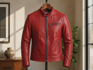 Unisex Red Cafe <b>Racer</b> Leather <b>Jacket</b> Slim Fit Stand Collar Biker Coat - Product Image 1