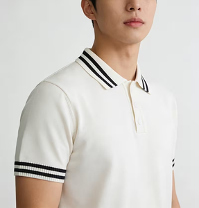Men's Short Sleeve Solid Color Knitted Polo Shirt Regular Fit White with Black Trim Collar and Cuffs Preppy Style - Product Image 3