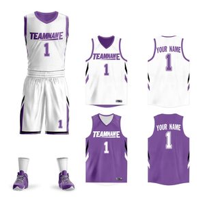 Ensemble de maillots de basket-ball personnalisés blancs et violets, col en V, sans manches, uniforme en polyester sublimé, adulte unisexe, toutes saisons - Product Image 1