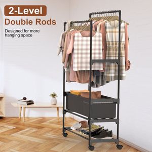 Porte-vêtements portable à double tringle avec roulettes verrouillables et sac de rangement, petite étagère de rangement portable pour vêtements, 1 étagère. - Product Image 4