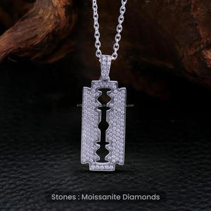Designer Razor Blade Pendant <b>Necklace</b> With Moissanite Diamonds <b>Solid</b> <b>Silver</b> Iced Out Streetwear Jewelry Style - Product Image 6