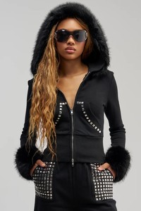 Ensemble de survêtement noir à capuche pour femme, manches longues, fermeture éclair, coupe ample, design 2-en-1, ourlet fendu, poches latérales, tenue décontractée d'automne - Product Image 3