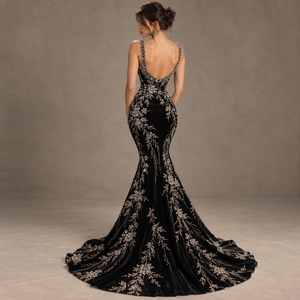 Robe de soirée sirène en velours noir, ornée de fleurs et de perles, sans bretelles, longueur ras du sol, pour banquet et mariage - Product Image 2