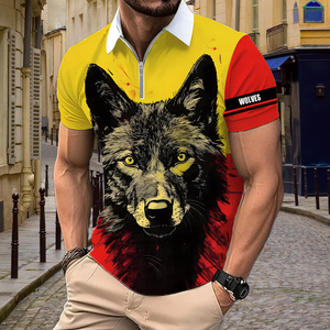 Camiseta Polo para Hombre con Estampado de Lobo 3D |   Camiseta con Cierre y Gráfico Sublimado en Amarillo y Rojo |   Camiseta Deportiva Informal de Manga Corta Personalizada y Transpirable - Product Image 1