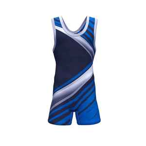 Singlet de Lucha Libre para Hombre, Sublimado, Azul Marino con Rayas Grises, Spandex y Poliéster, Ropa Deportiva Transpirable para Adultos - Product Image 1