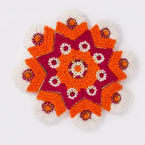 Tapis Rangoli Traditionnel en Coton à Pompons, Décoration Florale Orange et Rose pour Mariage, Festival, Entrée - Product Image 3