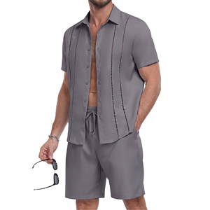 Men's <b>Short</b> <b>Sleeve</b> <b>Button</b> <b>up</b> <b>Shirt</b> And <b>Shorts</b> Set Solid Color Casual Summer Outfit Turn Down Collar Polyester Satin Fabric - Product Image 1