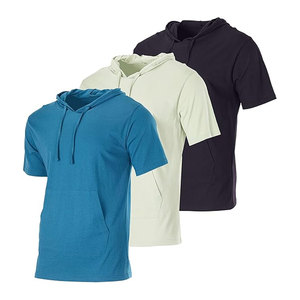 เสื้อยืดมีฮู้ดแขนสั้นผ้าฝ้ายน้ำหนักเบาสำหรับผู้ชาย เสื้อยืดมีฮู้ดลำลองพร้อมเชือกปรับได้ กระเป๋าหน้าใส่ของได้ สวมใส่สบาย - Product Image 1