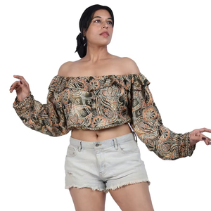 Women's Polyester Printed Paisley Off Shoulder Crop <b>Top</b> Manufacturer - Product Image 1