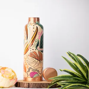 Botella de agua de cobre de 950 ml y 10 pulgadas con diseño de pegatinas multicolor Meena, material de cobre puro, patrón floral abstracto, brillante. - Product Image 2