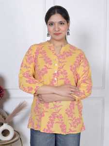 Hermosa Túnica Corta Informal de Encaje Floral Amarillo Sol para Mujer, 100% Algodón, Mangas Tres Cuartos, Cuello con Botones para Uso Diario - Product Image 4