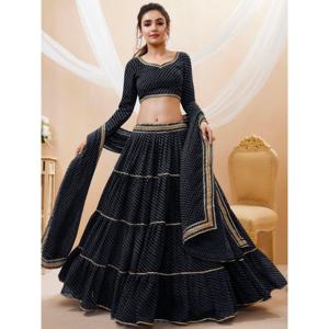 Hermoso conjunto negro Leheriya impreso Georgette Lehenga Choli para mujer con Dupatta - Product Image 1