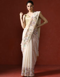 Sari traditionnel KV en coton Chanderi avec motifs floraux et chemisier réversible à séchage rapide non cousu - Product Image 5