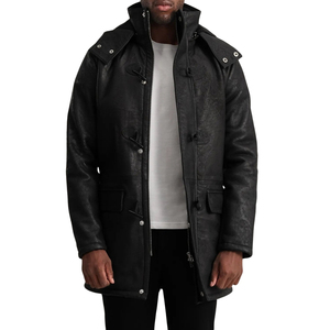 Men's Black Genuine Leather Parka Overcoat Stand Collar Zipper Long <b>Coat</b> <b>With</b> Rivets - Product Image 1