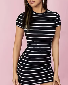 Striped Breathable Bodycon Jersey Casual Dress Crew Neck Short Sleeve Knee-Length Women Natural Waist Simple Style All Seasons - Product Image 6